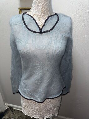 Indigo Palms Light Blue V-Neck Knit Sweater with Black Contrast Trim